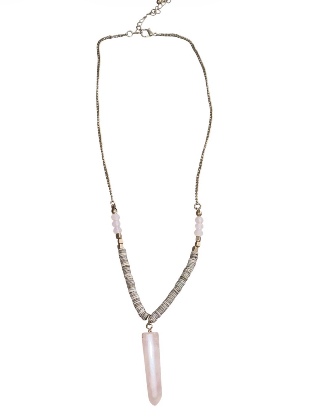 Gold Tone Fashion Necklace Beaded Faux Rose Quartz